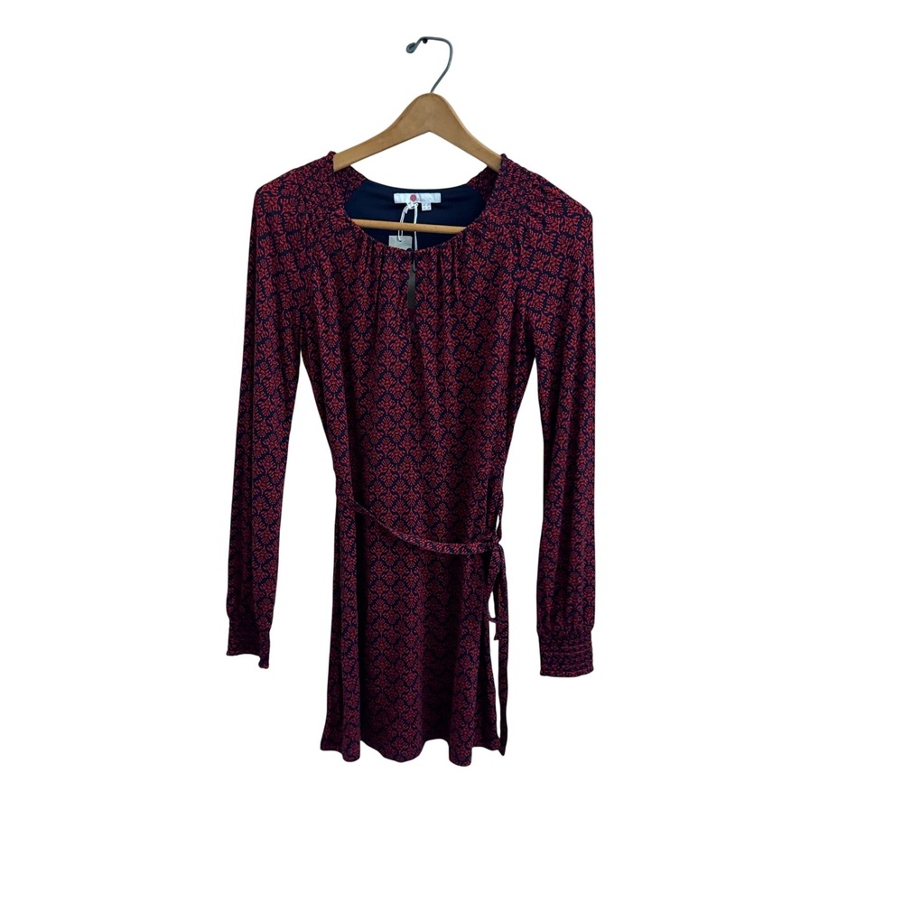 Boden Women Red Navy Damask Print Long Sleeve Tie Waist Dress US 2R NEW